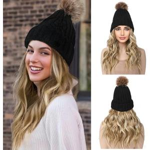 REECHO Beanie Wig Hair Extensions, Warm Knitted Beanie Hat with Hair 12" Beach Wavy Hair Extension Synthetic Hairpiece for Women - Black Beanie, Golden Blonde with Highlights Hair