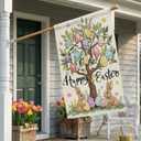 CROWNED BEAUTY Easter House Flag Egg Tree Bunny 28x40 Inch Double Sided Large Holiday Welcome Decoration for Outside Yard