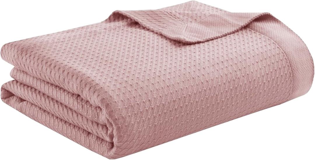 Madison Park 100% Egyptian Cotton Lightweight Summer Blanket, Breathable Waffle Knit Design, Soft Cozy All-Season Throw for Bed, Couch or Sofa, Rose Pink Full/Queen Size (90"x90")