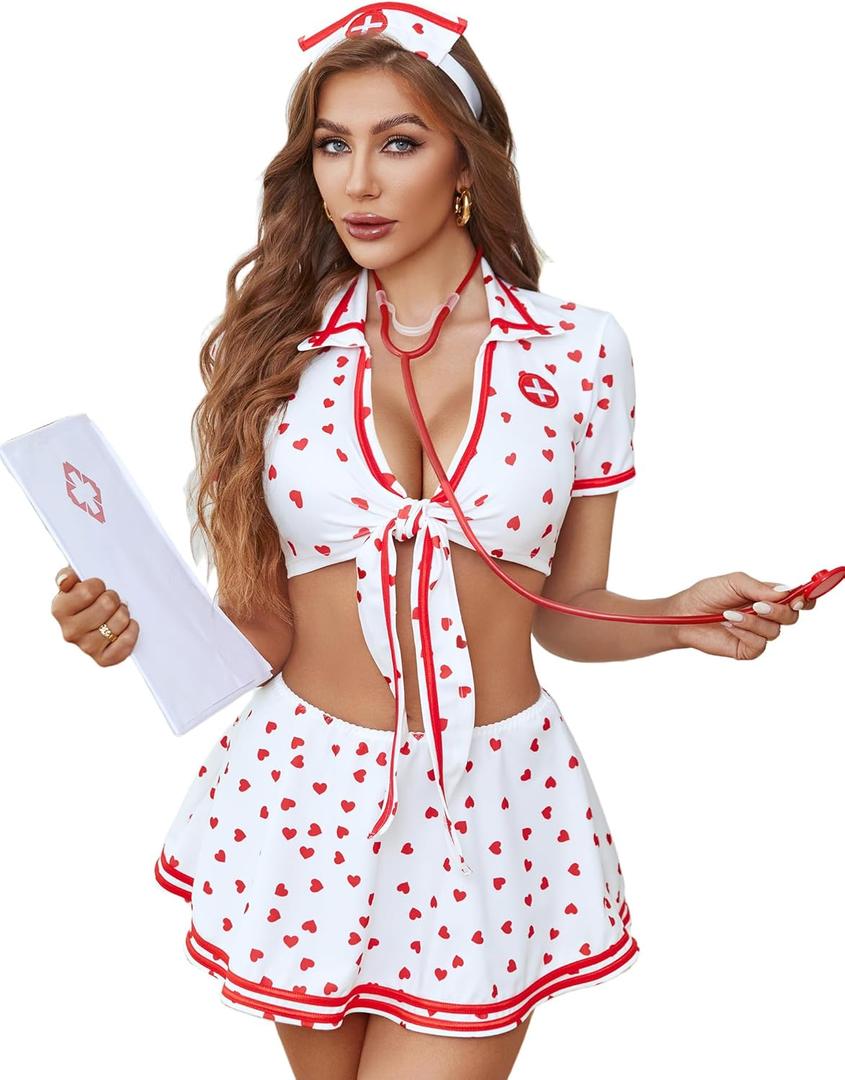 Avidlove Sexy Nurse Lingerie for Women Roleplay Lingerie Set Nurse Cosplay Outfits with Tie Top and Mini Pleated Skirt Set (Medium)