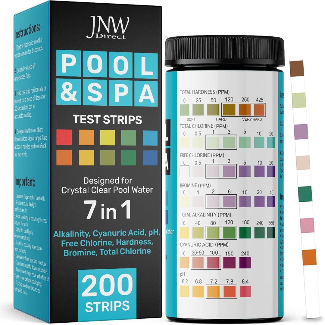 Pool Test Strips 7-in-1, 200 Quick and Accurate Pool and Hot Tub Test Strips - Pool Water Testing Kit for Chlorine, Bromine, pH, Hardness, More - All in 1 Swimming Pool Test Strips by JNW