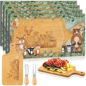 4 Pack Woodland Mini Charcuterie Board Set with Cheese Knives - Forest Animal Bamboo Serving Boards for Baby Shower Favors, Game Prizes, Woodland Party Decorations, Wedding & Housewarming Gifts