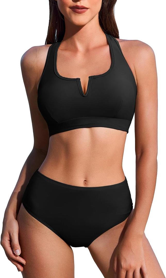 AI'MAGE Womens Bikini Set 2025 High Waisted Two Piece Swimsuit Sporty Cutout Bathing Suit (Medium, Black)