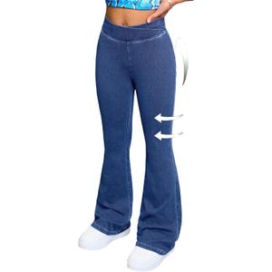 Girls Stretch Flare Jeans Crossover Waist Denim Pants Exercise Basics Slim Casual Streetwear (11 Years, Blue)