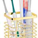 HarJue Toothbrush Holder, Luxurious Metal Toothbrush Toothpaste Holder with Marble Base for Bathroom, Multi-Slots Openwork Design, Bathroom Accessory for Storage and Organizer (Small, Gold)