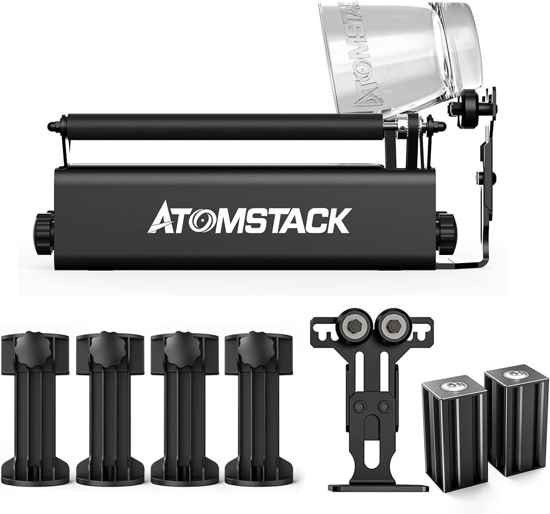 ATOMSTACK R3 Pro Laser Rotation Roller, Aluminium 360° Rotary Roller Laser Engraving Module with 2 Support Shaft, 4 Raiser Pads Suitable for 95% of Engraving Machines Cylindrical Object Boxes