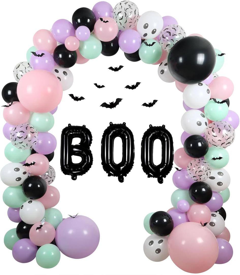 Halloween Balloon Arch Baby Showers Decorations, 18" 10" 5" Black Purple Pink Balloons with 3D Bat Stickers for Halloween Birthday Baby Shower Outdoor Indoor Decorations