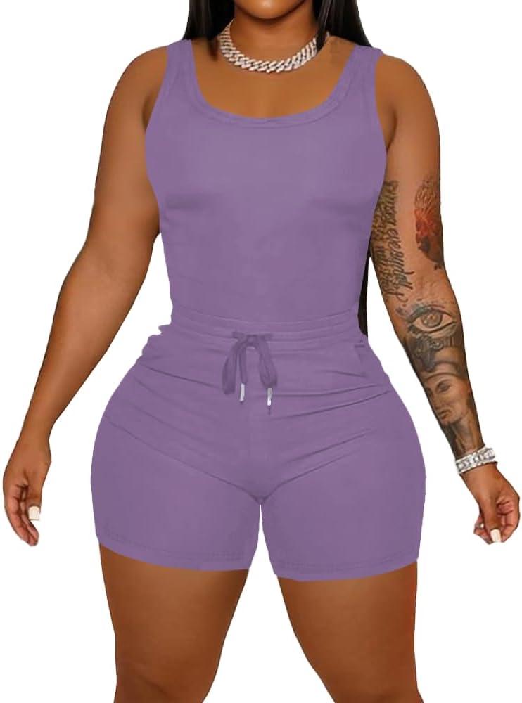 HBQ Women 2 Piece Outfits Sleeveless Tank Tops Biker Short Workout Jogger Sets Summer Light Purple M