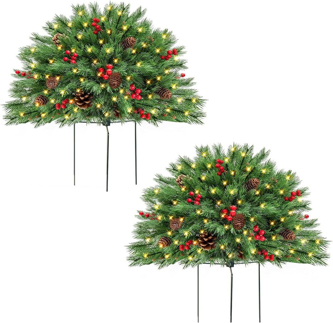 Outdoor Christmas Tree Urn Filler 2 Set, Pre-lit Artificial Flocked Xmas Tree with Cones & Red Berries, Small Christmas Tree with 70 Warm Lights (Green)