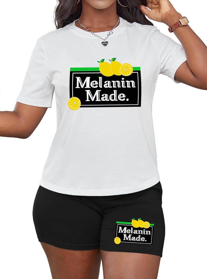 Hilinker Womens 2 Piece Outfits Short Sleeve Top and Shorts Set Summer Workout Casual Tracksuit (Medium, White Black Melanin)