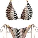 ZAFUL Women's Bikini Sets Beads Triangle Swimsuits 2 Piece String High Cut Cheeky Bathing Suits (Large, Black)