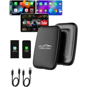 2025 New 4-in-1 Wireless CarPlay Adapter Support Netflix/YouTube/TF, Android Auto & Carplay Adapter with USB-A and USB-C Cables,Convert Wired to Wireless Apple Dongle, Video Box Car Play for iOS 10+