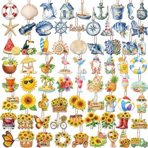 72 Pieces Hawaiian Beach Wooden Hanging Ornaments Ocean Summer Theme Ornaments with Rope for Home Party Wall Door Window DIY Decorations