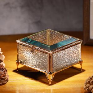Rectangular Vintage Glass Jewelry Box with Hinged Lid, Jewelry Ring, Bracelet, Souvenir Metal Display Box, Transparent Storage Box. (3.3x3.3x2.3Inches) (Golden)
