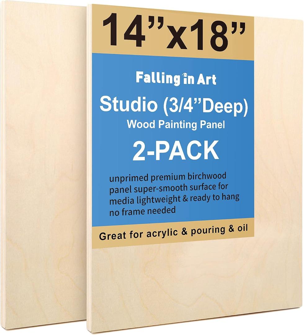 Unfinished Birch Wood Canvas Panels Kit, Falling in Art 2 Pack of 14x18 Studio 3/4 Deep Cradle Boards for Pouring Art, Crafts, Painting, and More