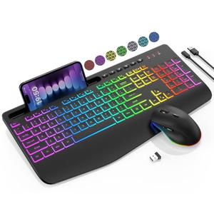 Wireless Keyboard - 9 Backlit Effects, RGB, Ergo Wrist Rest, Phone Holder, 2.4G Full Size, Rechargeable, Sleep Mode, KM22 MAX Quiet Set for Computer, PC, Laptop, Mac, Windows- SABLUTE