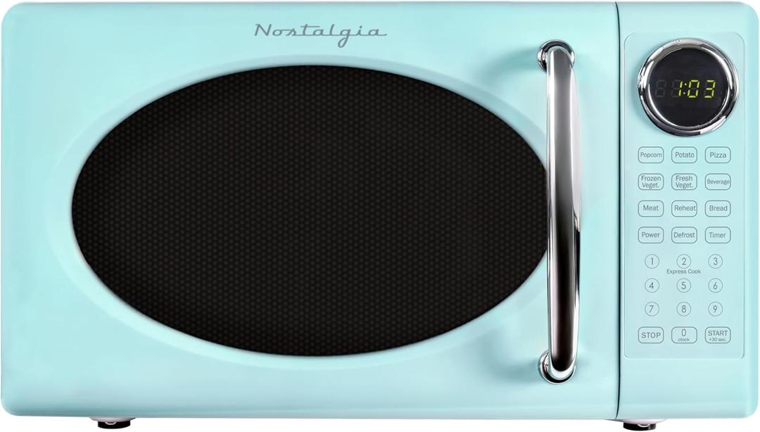 Nostalgia Retro Microwave Oven - 0.7 Cu Ft, 700-Watt Countertop Size with Glass Turntable, Child Safety Lock, 8 Auto-Cook Programs, Digital Clock - Aqua