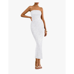 Zesica Women Strapless Lace Formal Maxi Dress Summer Bodycon Tube Back Slit Cocktail Vacation Beach Wedding Guest Dresses, Size Small