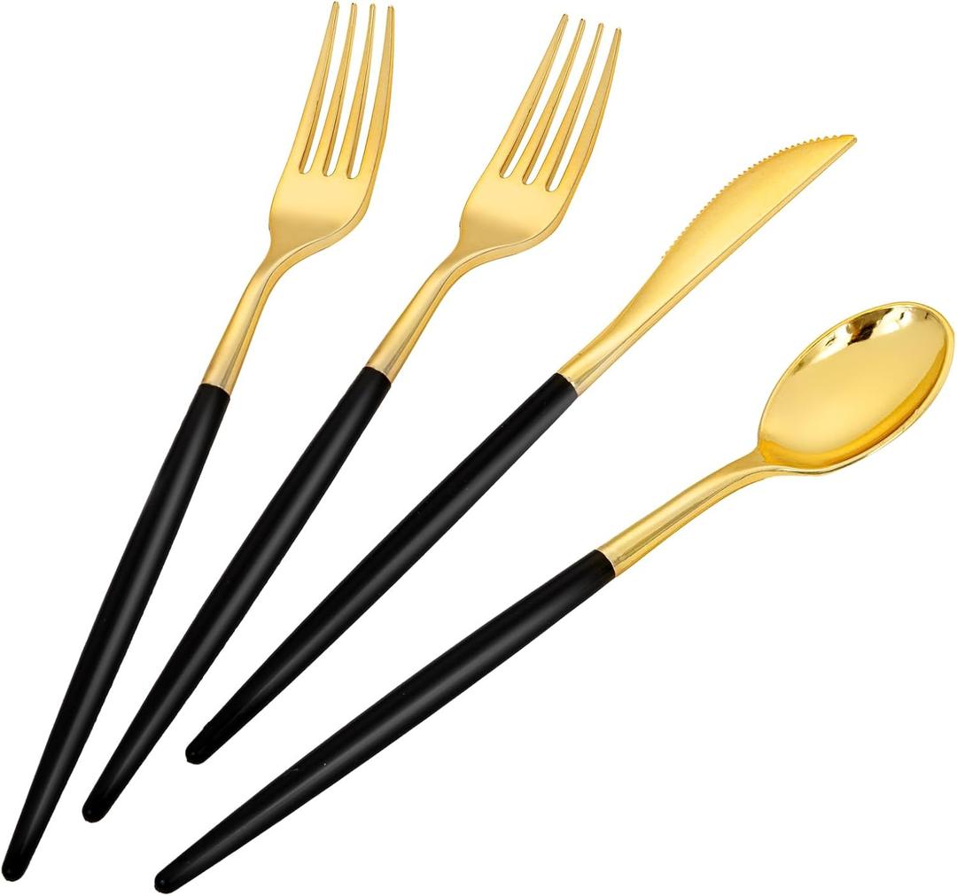 SUT Gold Plastic Silverware (160Pcs) Forks and Spoons Disposable, 80 Gold Plastic Forks, 40 Gold Knives, 40 Gold Spoons, Black and Gold Utensils Set Disposable for Parties, Weddings