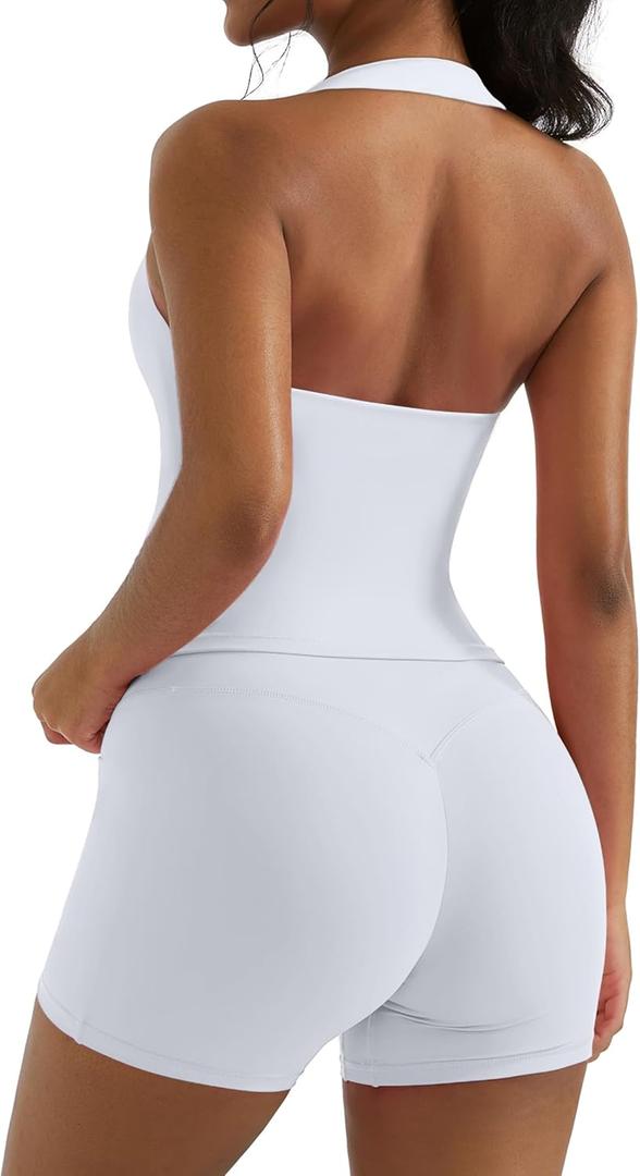 OMKAGI 2 Piece Workout Sets for Women Halter Sports Bra Tank Gym Biker Shorts Outfits (X-Large, White)