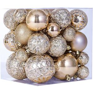 46 Pcs Champagne Christmas Ball Ornaments, Shatterproof Christmas Tree Ornaments Set with Velvet Christmas Bows Decor, Vintage Xmas Decorations with Hanging Hooks in 3 Sizes(Small Medium Large)