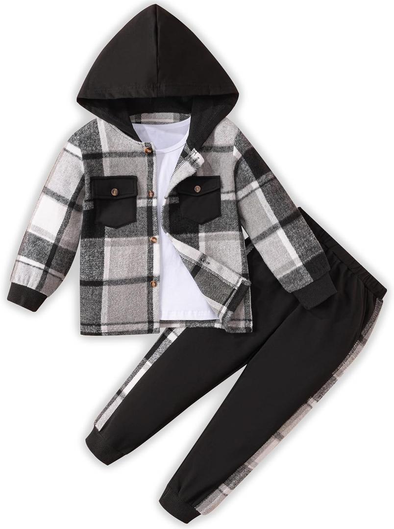 Toddler Boy Clothes Plaid Hooded Shirt White T-shirt Top and Solid Color Pants 3Pcs Winter Boys Clothes, 6-7 Years