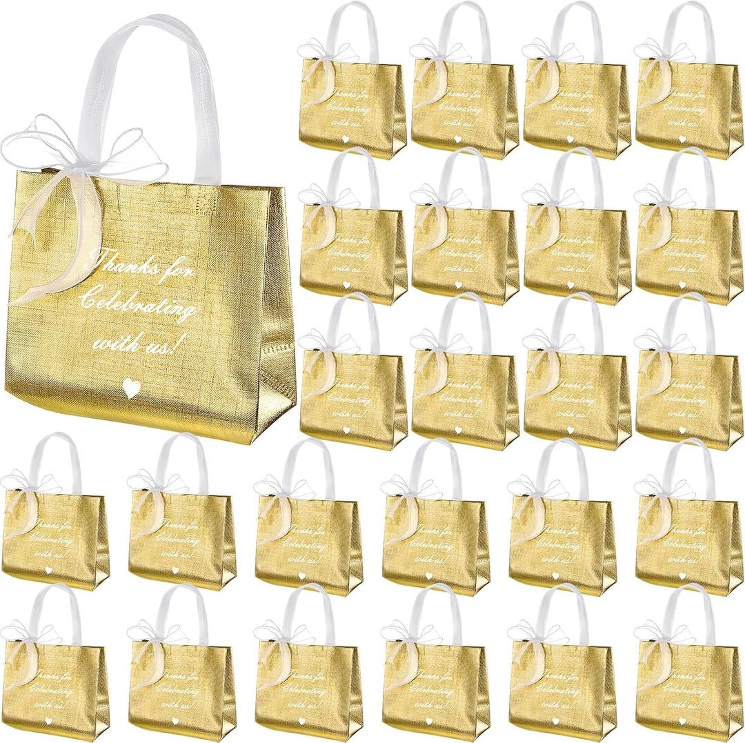 Amylove 50 Pcs Gold Return Gift Bags, 8"x4"x10" Thank You Gift Bags Reusable Wedding Welcome Tote for Guests, Christmas Housewarming Supplies with Handle for Guest Bridesmaid Birthday Party Favors