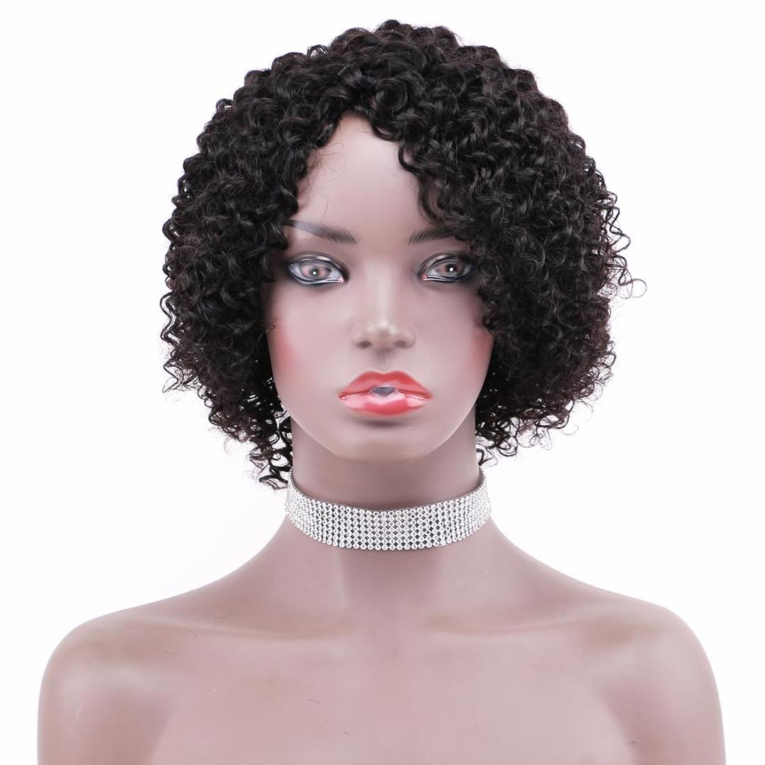 Glueless Curly Bob Wigs Short Afro Kinky Curly Human Hair Wigs for Black Women Wear and Go Machine Made Side Part Afro Wig Wet and Wavy Human Hair Wig Natural Black