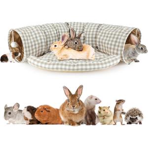 BWOGUE Bunny Tunnel Bed, 2-in-1 Collapsible Tunnel Tubes Toys with Removable Mat Hideout for Cats Kittens Rabbits Guinea Pigs Kitty (YellowPlaid)