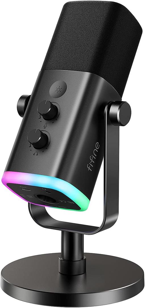FIFINE USB/XLR Dynamic Microphone for Podcast Recording, PC Computer Gaming Streaming Mic with RGB Light, Mute Button, Headphones Jack, Desktop Stand, Vocal Mic for Singing YouTube-AmpliGame AM8 (Black)