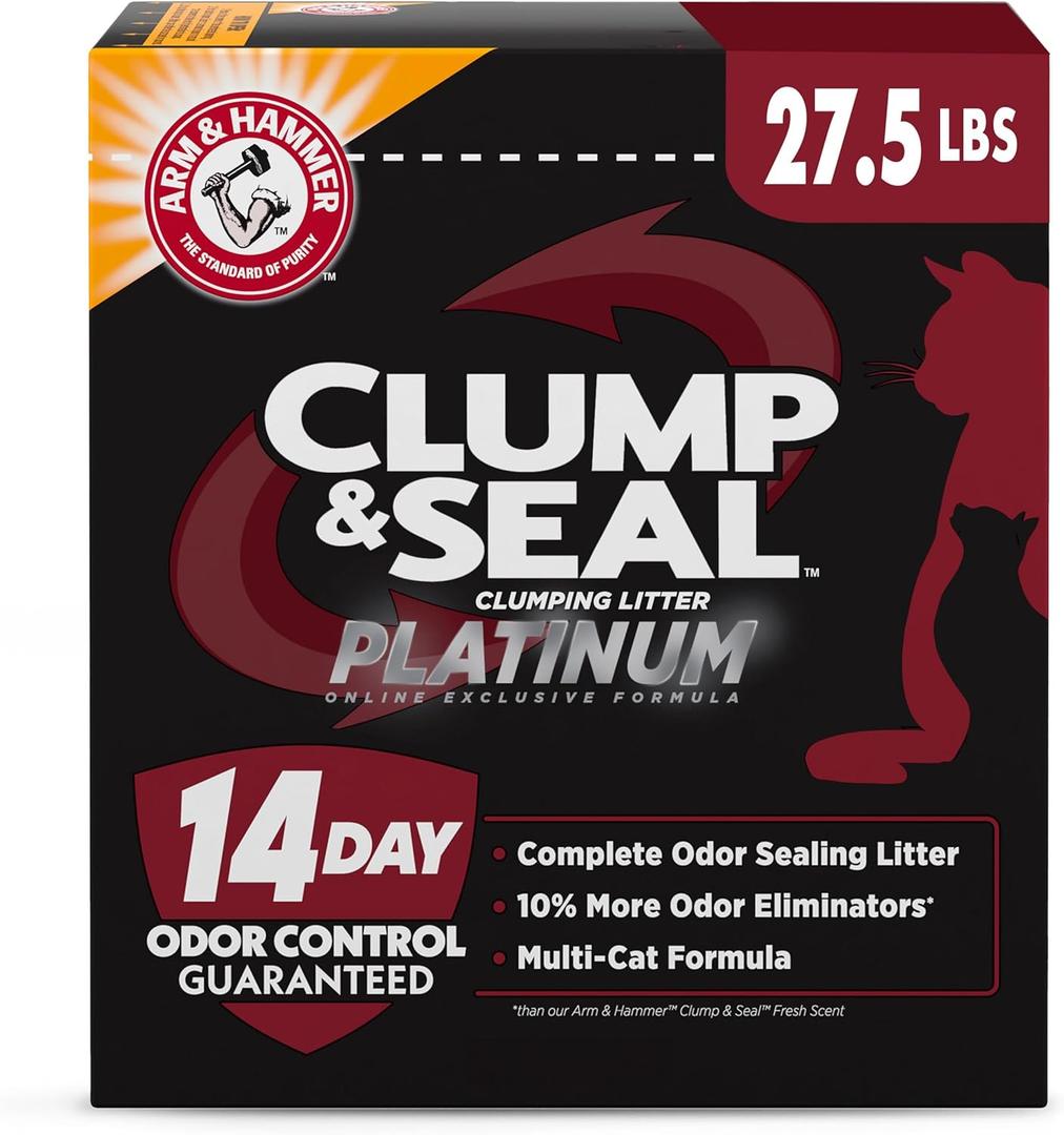 ARM & HAMMER Clump & Seal Platinum Cat Litter, Multi-Cat Clumping Litter Forms Rock-Hard Clumps, Powerful Odor Eliminators with Baking Soda, 14-Day Odor Control, 27.5 lbs