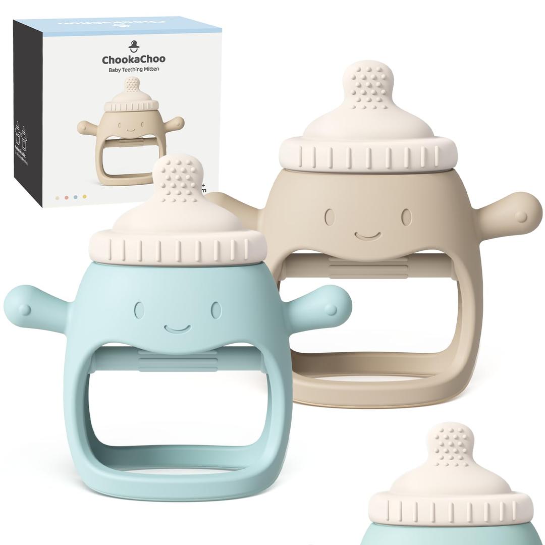 2 Pack Baby Teething Toy for Over 3 Months, Food Grade Silicone Teething Mitten, Anti Dropping Wrist Hand Teethers Baby Chew Toys for Sucking Needs, BPA Free (BabyBottle Blue)