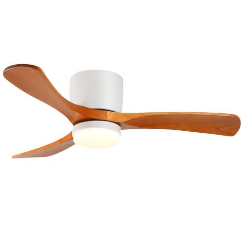 GESUM 42" Flush Mount Ceiling Fan with Lights3 Wood Blades, Reversible, Dimmable, Low Profile Ceiling Fan with Remote Control for Living Room Kitchen Bedroom(White+Wood)