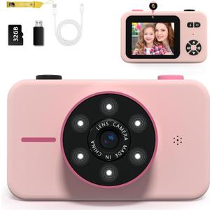 Kids Camera,Kids Camera for Girls,Kids Video Camera for Age 6-8 Kid Camera for vlogging,Christmas Birthday Gifts PortableToddler Cameras Dual Lens 2.4 Inch with 32G TF Card-Pink