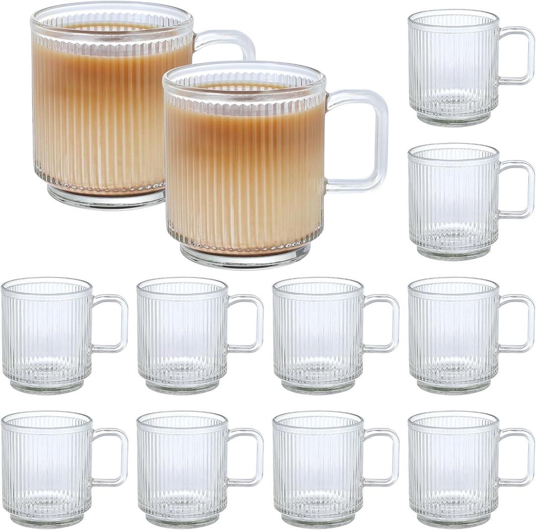 12 PACK Premium Glass Coffee Mugs with Handle, 12 OZ Classic Vertical Stripes Glass Coffee Cups, Transparent Tea Cup for Hot/Cold Beverages, Glassware Set for Americano, Latte, Cappuccino