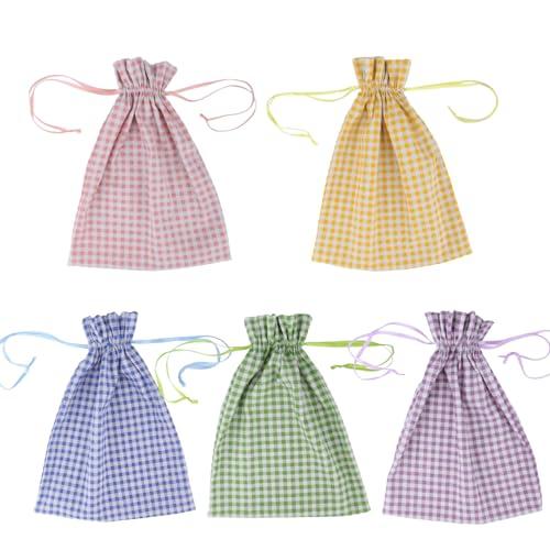Meseey 5 Pcs Buffalo Plaid Burlap Gift Bags with Drawstring (6Wx8L, 5 Color Mix) Reusable Gingham Sacks Gift Pouch Bags for Easter, Spring, Birthday, Baby Shower, Wedding Party Favors