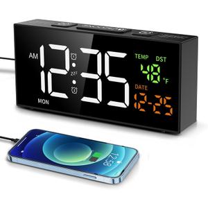 Netzu Alarm Clocks for Bedrooms, Digital Clock with Date Temperature and Weekday, Manual DST, Snooze, 2 Alarms, 4 Volumes for Living Room Home Bedside Desk (Black)