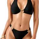 SOLY HUX Women's Halter Bikini Set V Neck Ring Linked Bathing Suit Summer Beach Two Piece Swimsuit (Black, S)
