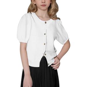 BeautyNee Girls Short Sleeve Cardigan Crew Neck Lightweight Summer Shirts Button Down Knit Shrug Sweater Tops 5-6 
