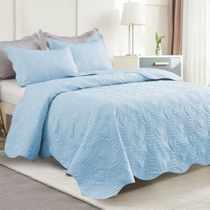 Auemtyn Twin/Twin XL Size Quilt Set, Soft Lightweight Light Blue Bedspread, Reversible Microfiber Bed Coverlet for All Seasons (Heart Pattern, 1 Quilt, 1 Pillow Sham) Queen size