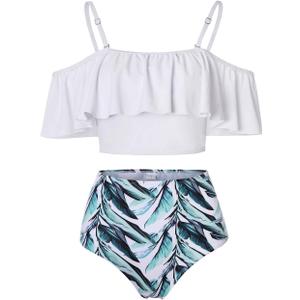Kaei&Shi High Waisted Flounce Bikini Set,Tummy Control Swimsuits for Women,Off Shoulder (X-Small, White)