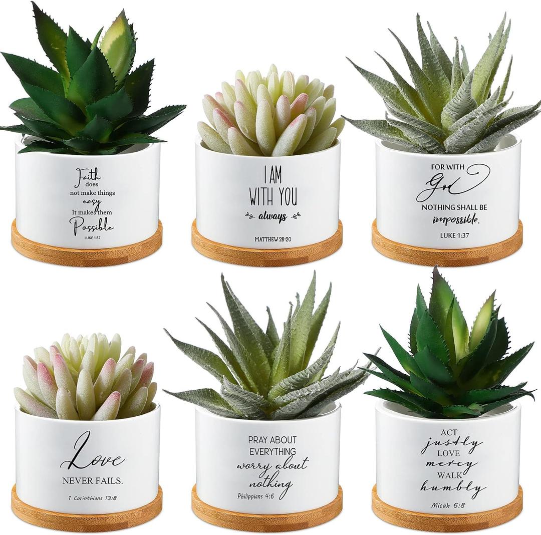Sieral 6 Pcs Bible Verse Succulent Pots White Ceramic Flower Planter with Bamboo Tray Small Pots Christian Gift Succulent Planters for Patio Garden 3 x 3 x 2 Inch, Plants Not Included(Bible Style)