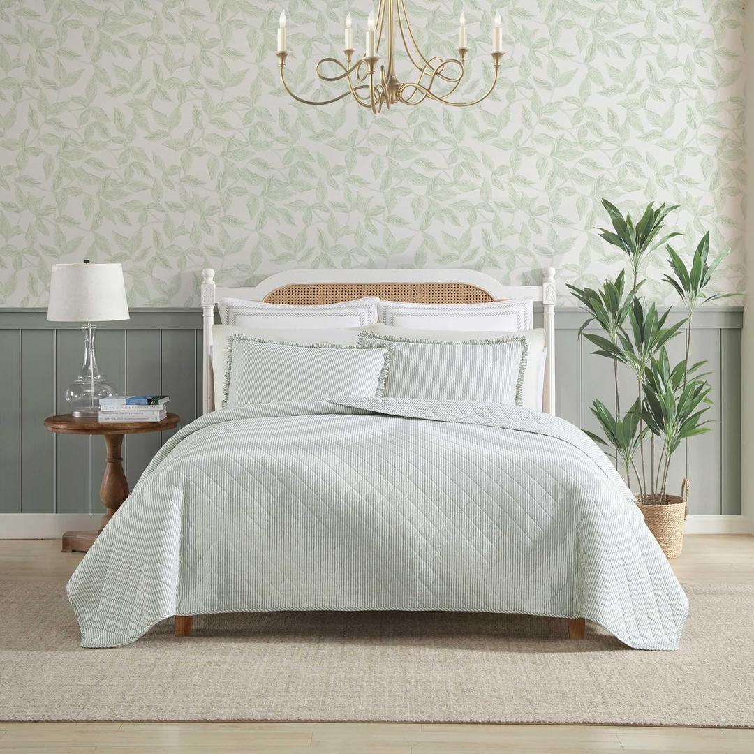 Laura Ashley - Full/Queen Quilt Set, Simple, Comfortable and Breathable Bedding with Matching Sham(s), Super Soft and Cozy Home Decor (Oxford Stripe Green, Full/Queen)