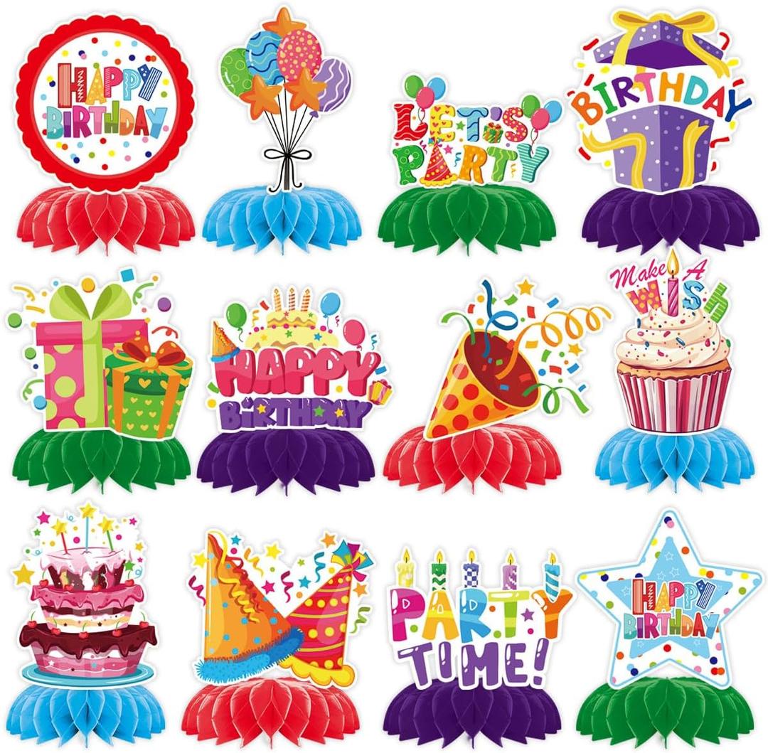 Birthday Party Decorations Supplies, TONGQI 12 Pcs Colorful Themed Happy Birthday Decoration Set with Honeycomb Centerpiece for Party Decor