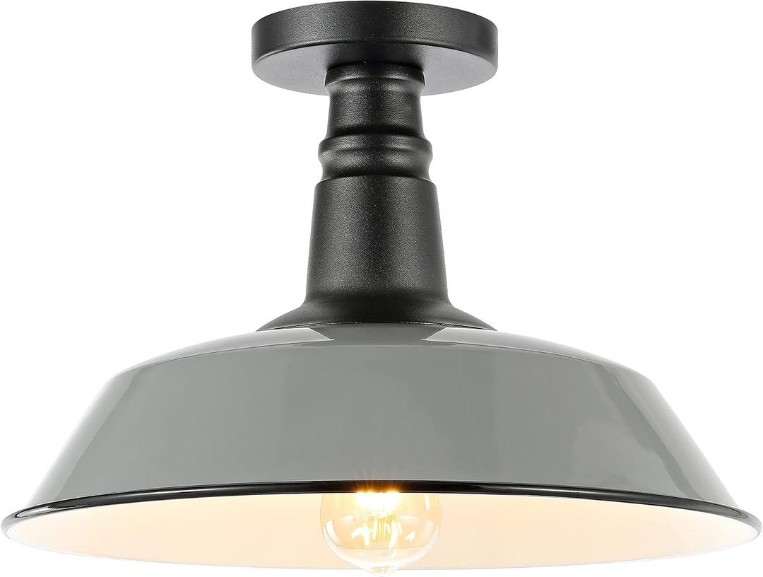 JONATHAN Y 14" Gray/Black 1-Light Industrial LED Semi Flush Mount Ceiling Light for Porch, Kitchen, Entryway, Modern Farmhouse Iron Fixture, White Metal Shade, LED Bulb Included (JYL7617D)