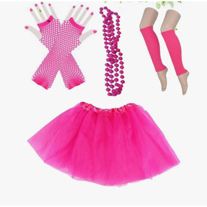 Party Rosy Neon Bead Necklace Fingerless Fishnet Gloves Tutu Skirt Complete Costume Accessories for Themed Events Dance Shows Halloween