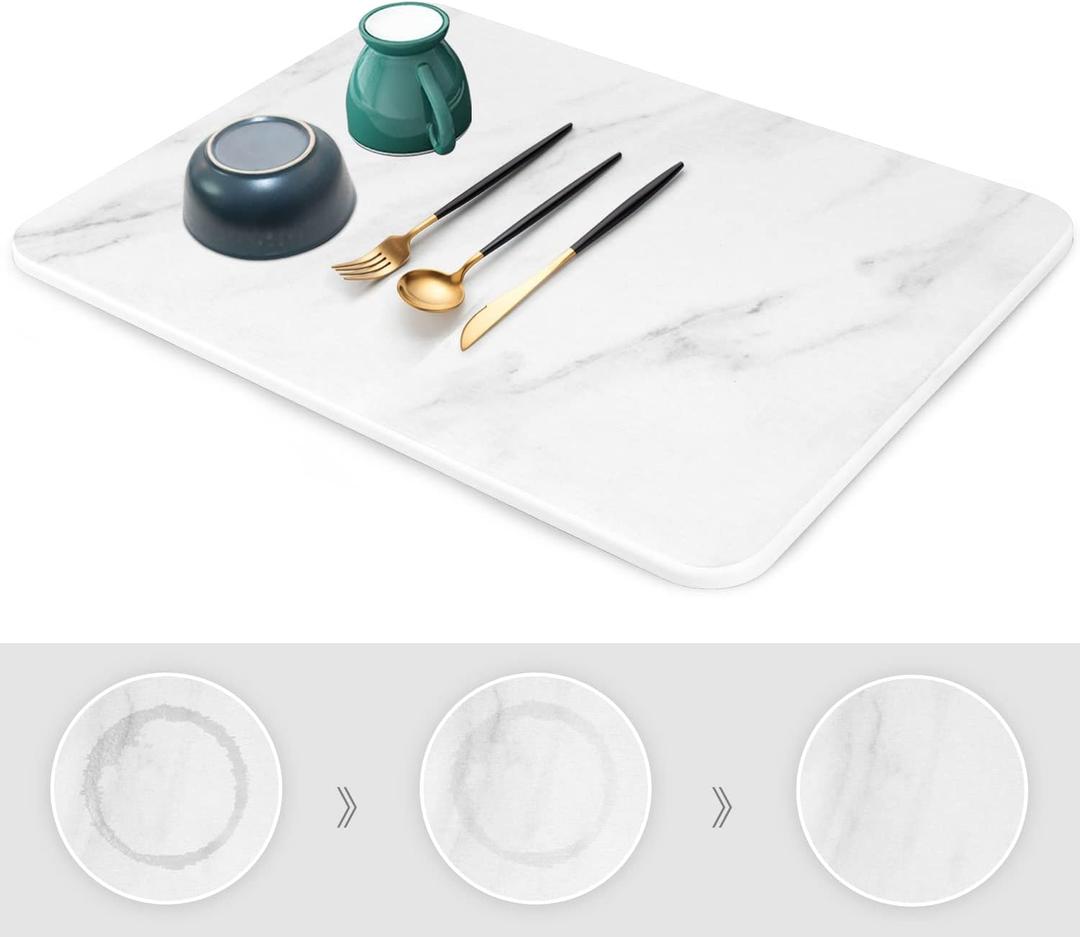 Stone Drying Mat for Kitchen Counter, Super Absorbent, Heat Resistant Dish Drying Mats, Eco-Friendly Diatomaceous Earth Stone Rack Tableware Mat (15.7x11.8 inch, Whtie Marble)
