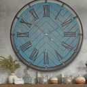 Large Wall Clock 24" Wood Wall Clock Rustic Silent Wall Clocks Roman Numerals for Living Room Dining Room Bedroom Kitchen Clock Wall Decor (Round - Blue)