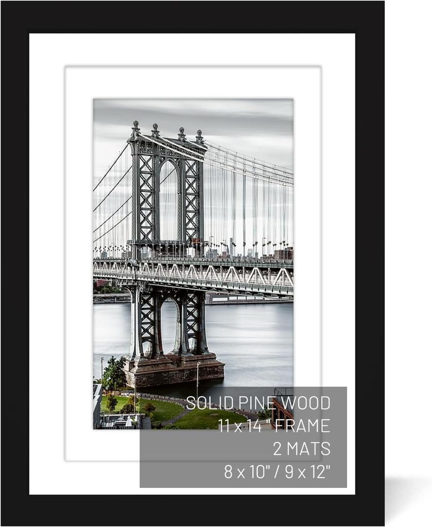 11x14 Picture Frames Solid Wood Display Pictures 9x12 or 8x10 with Mat or 11x14 Frame without Mat Poster Photo Frame Art with 2 Mats for Wall Mounting or Table Top(Black)