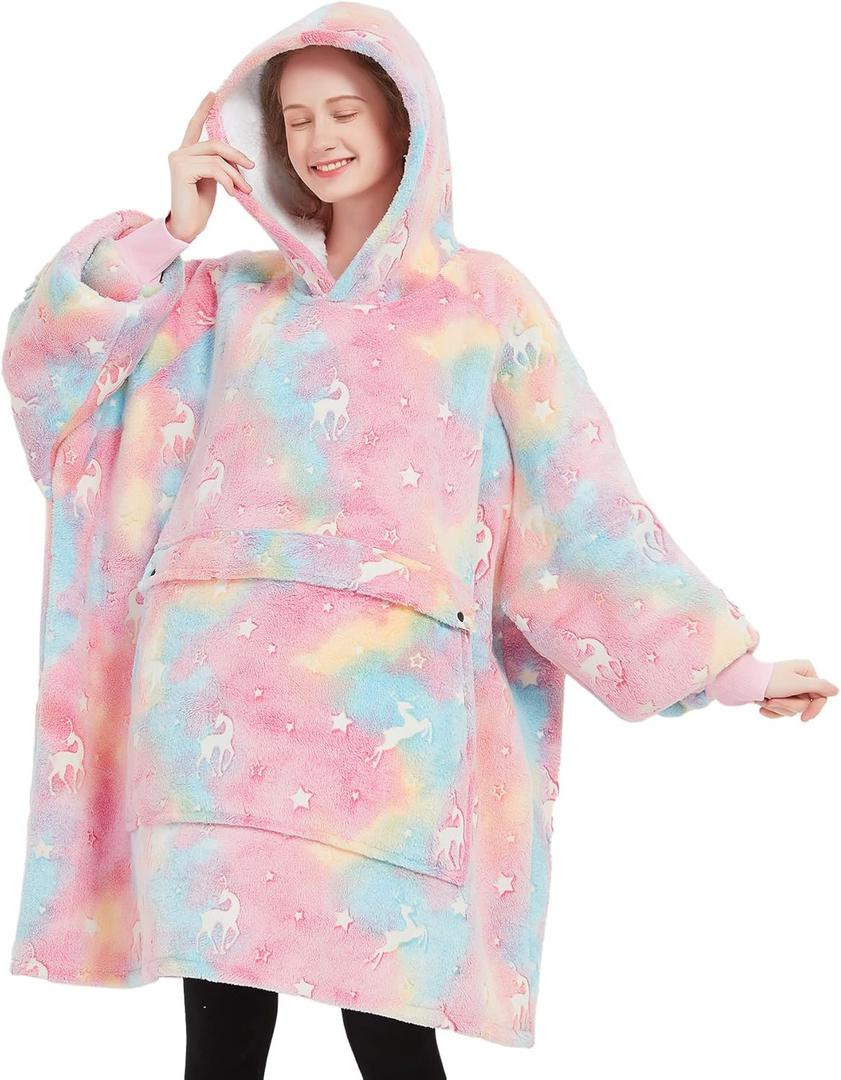 Glow in The Dark Wearable Blanket Hoodie for Adults Sherpa All Patterns Oversized Sweatshirt Blanket with Pockets Cute Gifts for Women Rainbow, Size: Adult
